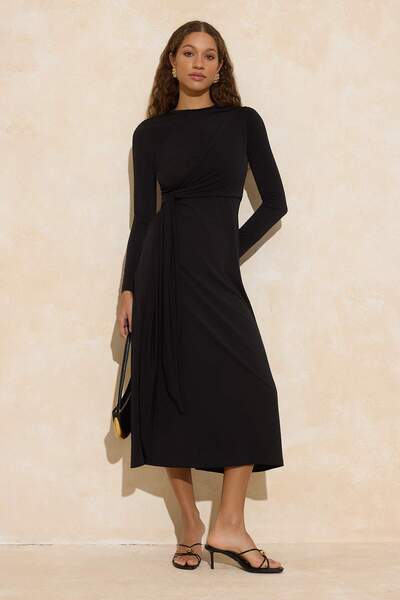 Trendyol Modest Black Binding Detail Sandy Fabric Fitted Form Knitted Dress T...