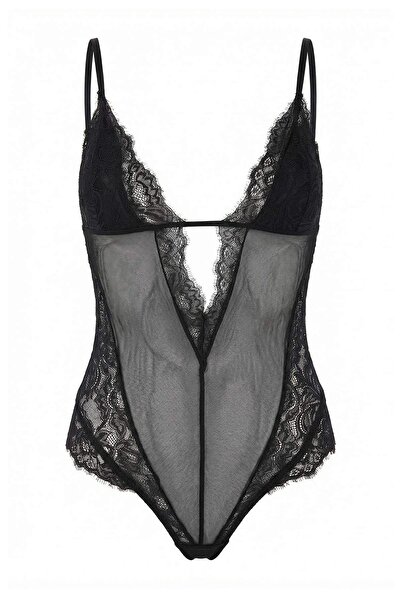 Trendyol Collection Black Lace/Tulle Fitted Plain Bodysuit Thmss26Bd00009