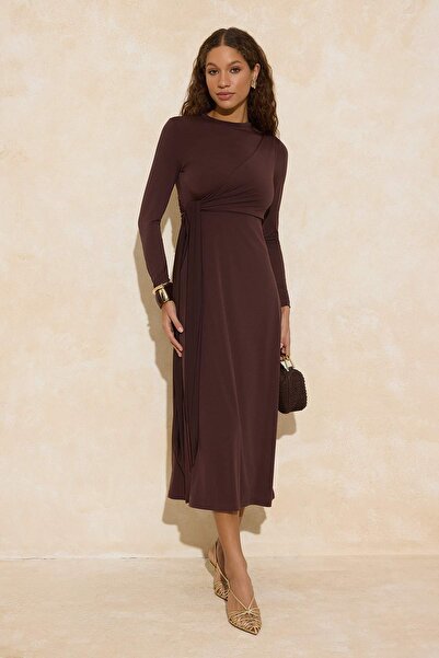 Trendyol Modest Brown Binding Detail Sandy Fabric Fitted Form Knitted Dress T...