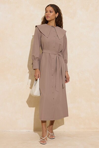 Trendyol Modest Mink Unlined Plain Woven Terrycotton Hijab Dress Tctss26Eb00001