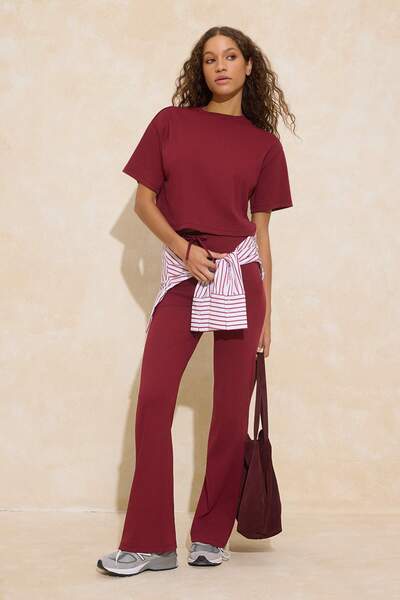 Trendyol Collection Burgundy Relaxed Low Arm Short Sleeve Pipe Leg Cotton Rib...