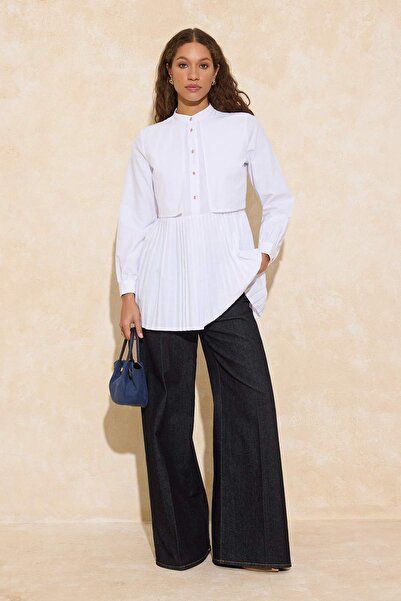 Trendyol Modest White Regular Terrycotton Plain Woven Pleated and Stone Detai...