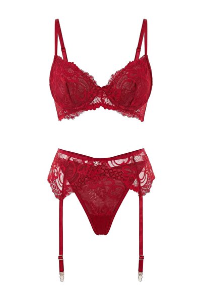 ترينديول كوليكشن طقم ملابس داخلية/لانجري فاخر من الدانتيل باللون العنابي بدون...