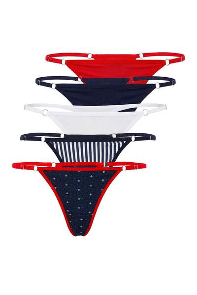 Trendyol Collection Marineblau-Mehrfarbiges 5-teiliges Single-Jersey-Tanga-Se...