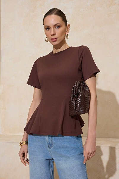 Trendyol Collection Braune Peplum-Bluse mit kurzen Ärmeln aus 100 % Baumwolle...