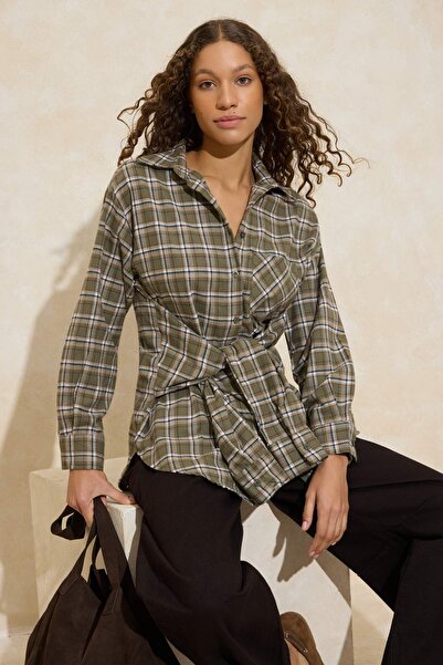 Trendyol Collection Cămașă de flanel cu șnur în talie în carouri verzi TWOAW2...