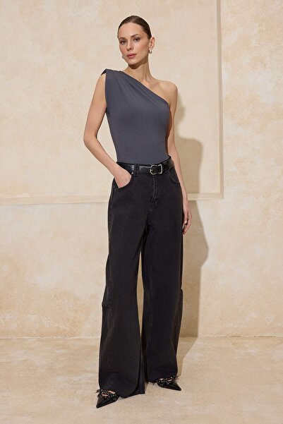 Trendyol Collection Anthracite Printed Asymmetric Collar Flexible Snap Fasten...