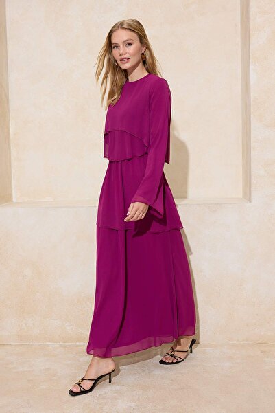 Trendyol Modest فستان شيفون مبطن باللون العنابي TCTSS26EB00002