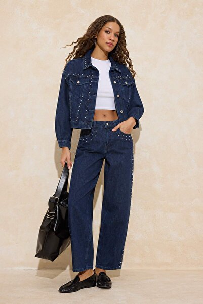 Trendyol Collection Blaue Trok-Trucker-Jacke aus 100 % Baumwoll-Denim mit Det...