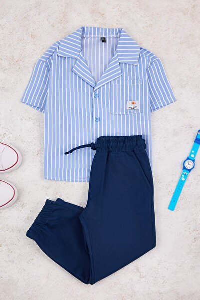 TRENDYOLKIDS Blue Striped Woven Boys' Top and Bottom Set Tkdss26Au00001