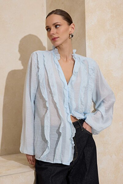 Trendyol Collection Baby Blue Transparent Ruffled Woven Shirt Twoss26Go00021