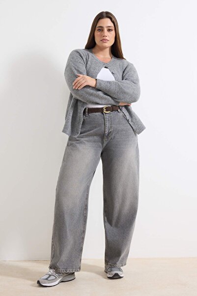 Trendyol Curve Gray High Waist Barrel Baggy Plus Size Jeans Tbbaw26Cj00043