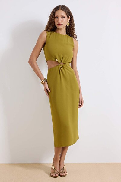 Trendyol Collection Φόρεμα με λεπτομέρεια από λαδί πράσινο αξεσουάρ, με επένδ...