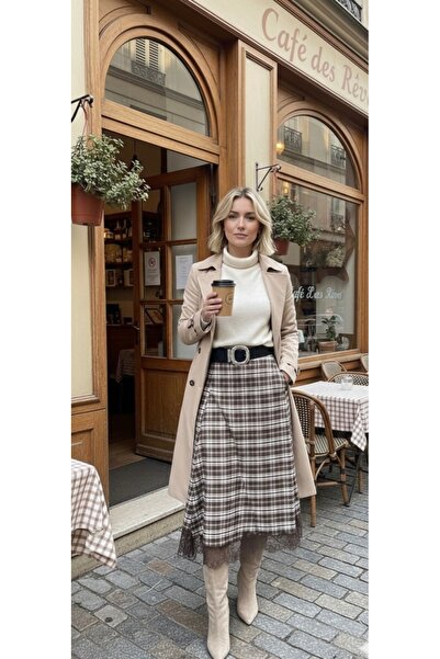 Be Best Women's Brown Skirt Lace Asymmetrical Plaid Skirt Be352