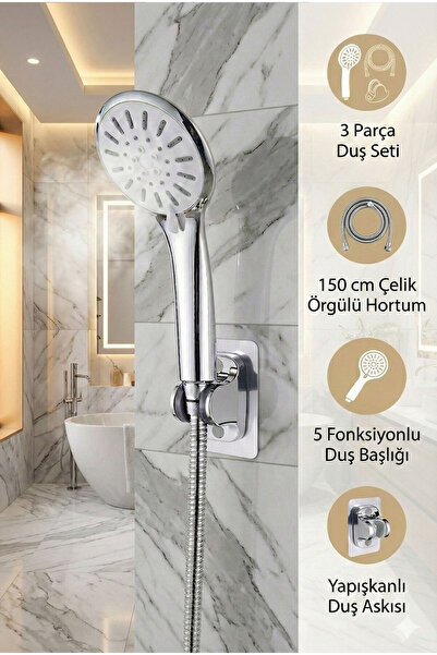 Plodna House 5 Fonksiyon Yüksek Basınçlı Duş Başlığı Yapışkanlı Duş Askısı 1,...