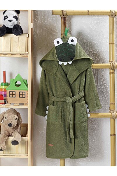 ELY PARKER Kapüşonlu Çocuk Bornoz %100 Pamuk Kız-erkek Bebek Çocuk Bornozu Hayvan Timsah Yeşil