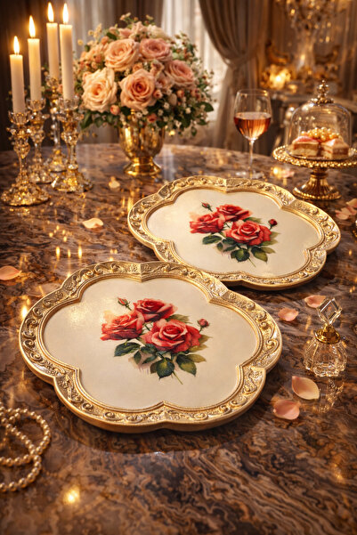 xirshop Sunum Tepsisi 2’li Set El Yapımı Papatya Formlu Gül Motifli Dekoratif