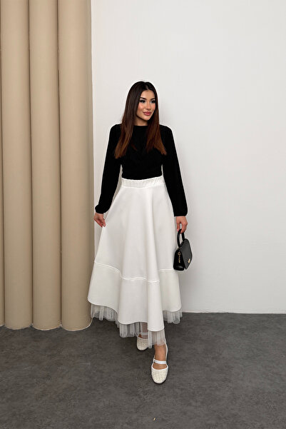 Hatun Atila Women's Tulle Detailed Elastic Waist Flared Long Skirt White