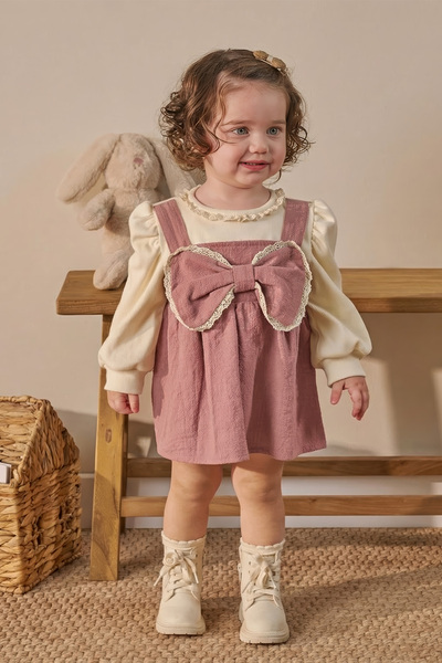 Minipodyum Dantelli Fiyonk Detaylı Bayramlık Kız Bebek Elbise