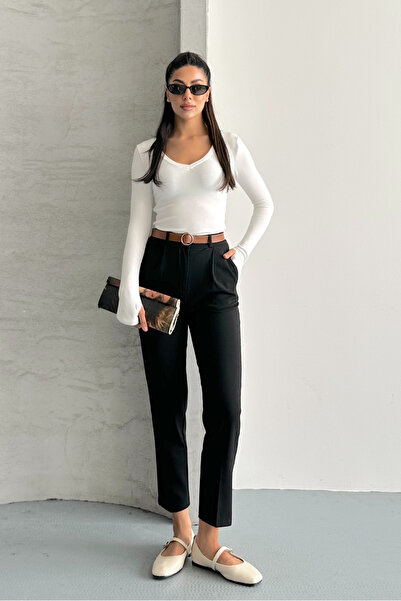 macharel jeans Дамски панталони с прилепваща кройка, плисирани, с колан, от п...