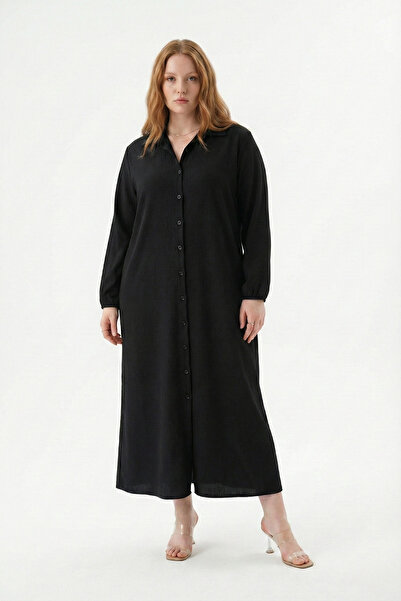 Talvien Büyük Beden Bürümcük Kumaş Uzun Elbise – Gömlek Yaka, Boydan Düğmeli