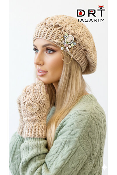 drt tasarım Ekru Broş ve çiçek süslemeli simli mini payetli ressam bere eldiv...