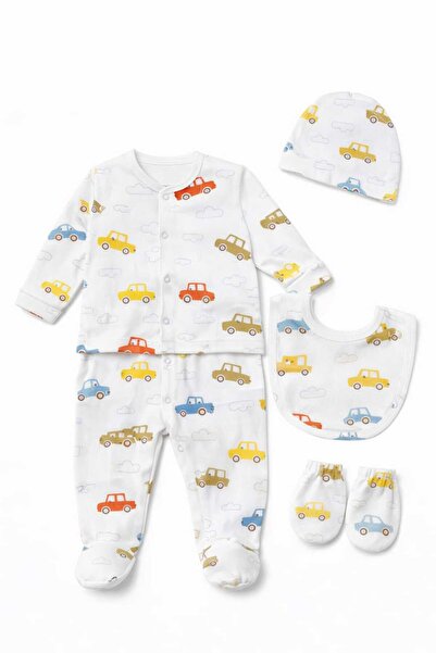 Bebitof Araba Desenli 5 li Bebek Zıbın Set Hastane Çıkışı Erkek Bebek