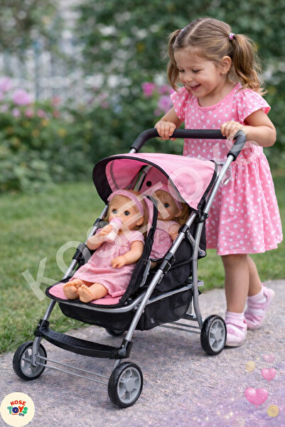 kosetoys Oyuncak bebek arabası tenteli gölgelikli iki bebek kapasiteli metal ...