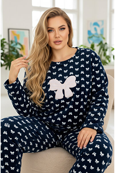 Siyah İnci طقم بيجامة شتوية محبوكة من الصوف مقاس كبير مطرزة بنقشة فيونكة بالل...