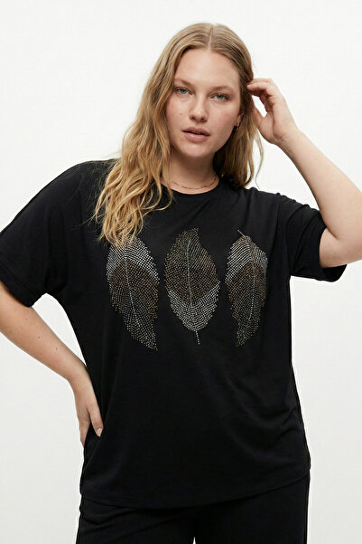 Talvien Stone Detail Design Bamboo Fabric Bat Sleeve Blouse M-6Xl