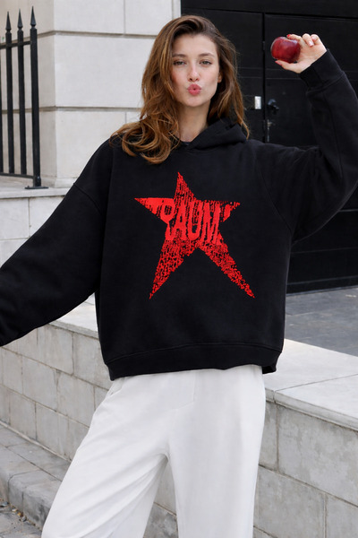 BAİA COLLECTION Siyah Travma Yıldızı Kapüşonlu Oversize Sweatshirt