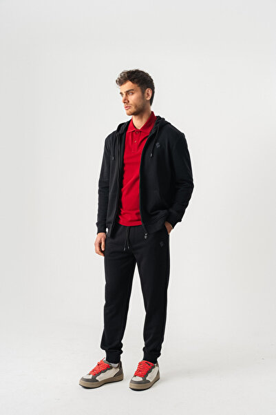 PİERO PERLA Hooded Regular Fit Black Cardigan with Front Zipper