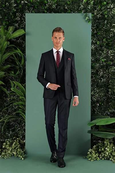 Efor Slim Fit Mono Yaka Doku Desenli Siyah Yelekli Takım Elbise TK 857