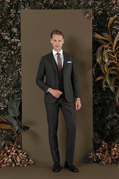 Efor Slim Fit Mono Yaka Yünlü Kahverengi Yelekli Takım Elbise TK 880