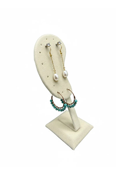 MeGass Dekor Domestic Production Suede Fabric Cream Color Footed Earring Disp...