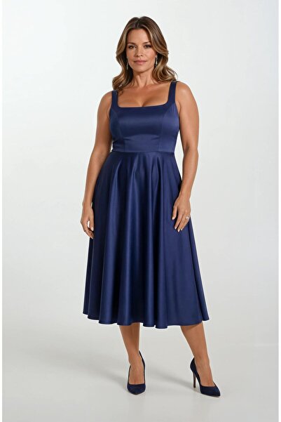 Spazio Nema Sırtı Çapraz Bağlamalı U Yaka Midi Abiye Elbise LACİVERT