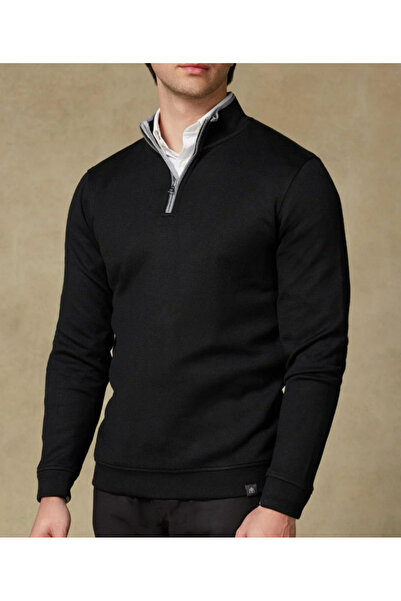 Abbate Fiero Örme Kumaş Viskon Karışımlı Modern Fit Siyah Dik Yaka Erkek Düz Sweatshirt