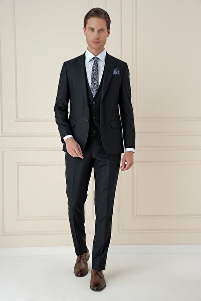 Efor Slim Fit Çift Yırtmaç Kazayağı Dokulu Lacivert Yelekli Takım Elbise TK 910