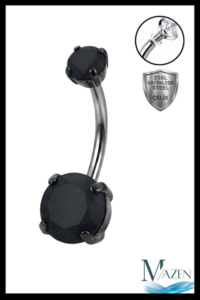 MAZEN Cerahhi Çelik Göbek Piercing Yuvarlak Siyah Zirkon Taşlı Antialerjik