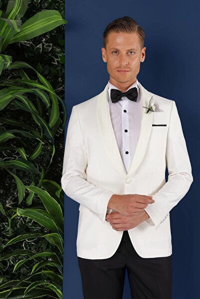 Efor Black 034 Slim Fit Saten Yaka Çift Yırtmaçlı Damatlık Ekru Smokin Ceket