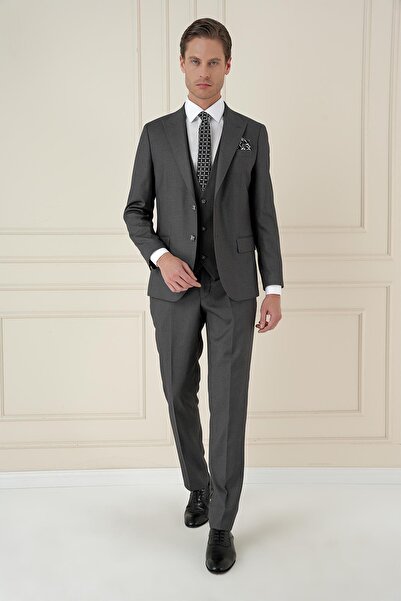 Efor Slim Fit Kırlangıç Yaka Dokulu Füme Yelekli Takım Elbise TK 907