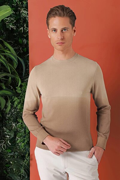 Efor Slim Fit Degrade Desen Bisiklet Yaka Bej Triko Tr 866