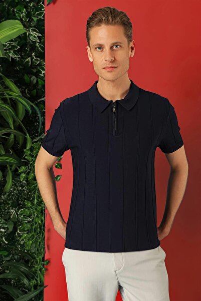 Efor Slim Fit Fermuarlı Polo Yaka Kısa Kol Lacivert Triko Tr 865