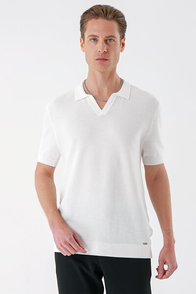 Efor Slim Fit Polo Yaka Kısa Kol %100 Pamuk Beyaz Triko Tr 868