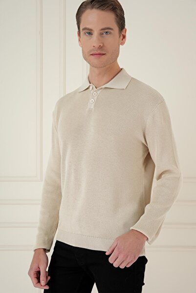 Efor Fitilli Dokuma Düğmeli Polo Yaka Bej Triko Kazak TR 887