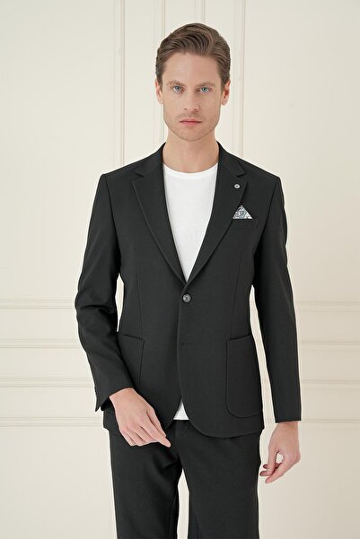 Efor Comfort Fit Mono Collar Double Slit Pocket Black Blazer Jacket C 698