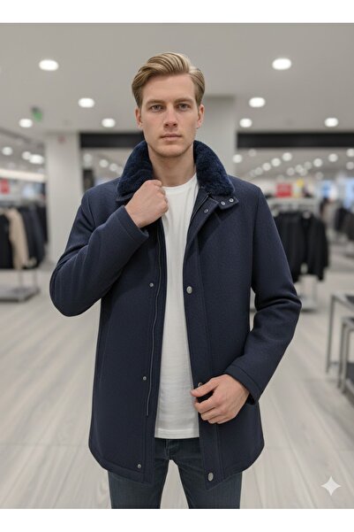 Brango Erkek Fermuar Detaylı Kürklü Yaka Kaşe Kaban