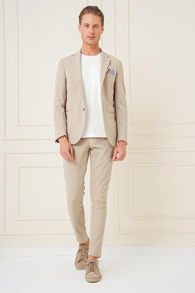 Efor Slim Fit Çift Yırtmaç Çok Esnek Pamuklu Düz Bej Ceket C 680
