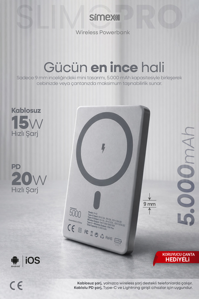 Simex Ultra Slim Magsafe Powerbank 5000 mAh - 20W PD Hızlı Şarj Taşınabilir B...