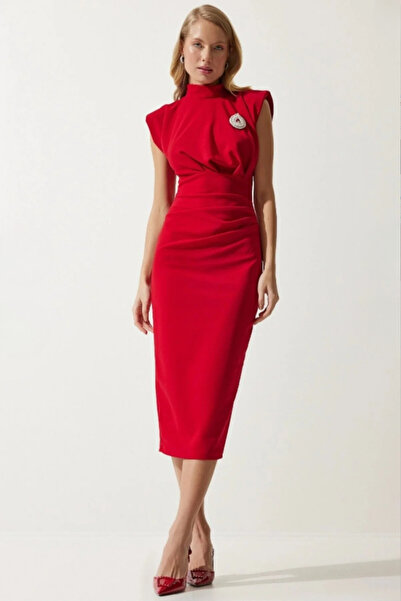 Moda Palmiss Rochie de seară roșie pentru femei, cu pernițe pentru umeri broș...